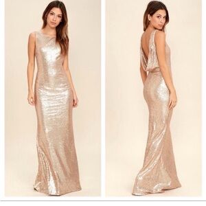 Lulus Elegant Sequin Evening Gown maxi wedding bridesmaid prom champagne